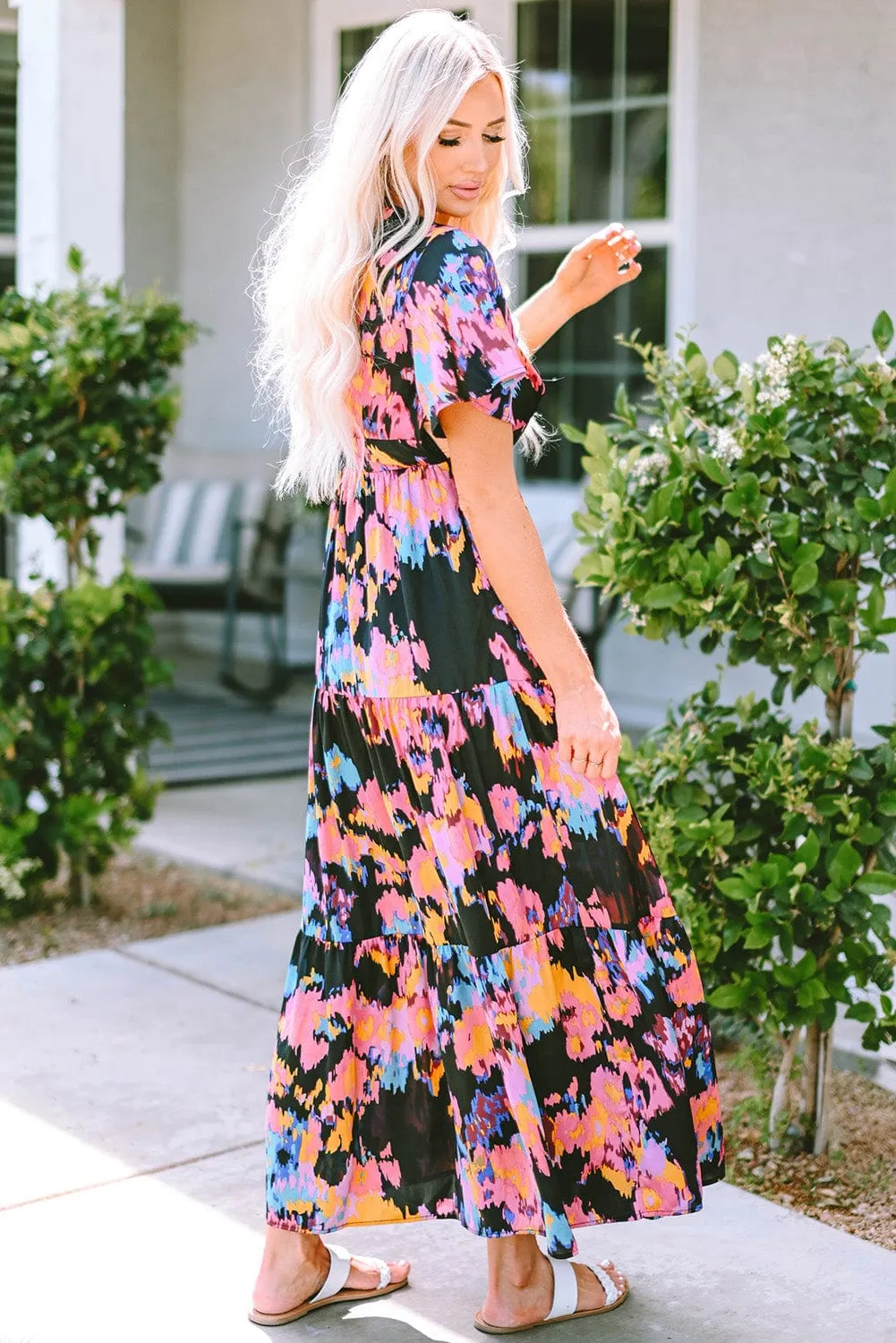 Summer Sweet, Black Abstract Floral Flutter Sleeve Tiered Maxi Dress