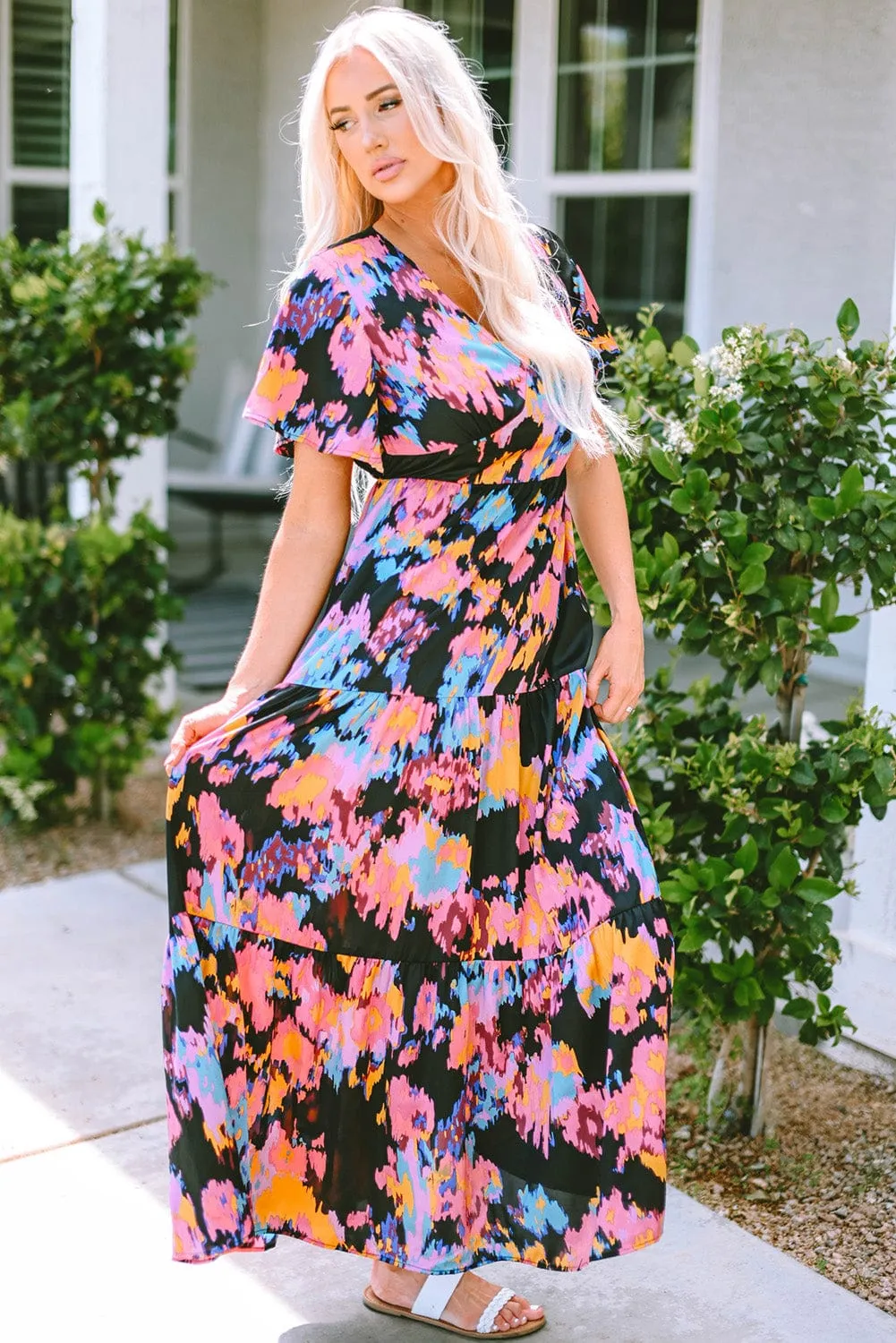 Summer Sweet, Black Abstract Floral Flutter Sleeve Tiered Maxi Dress