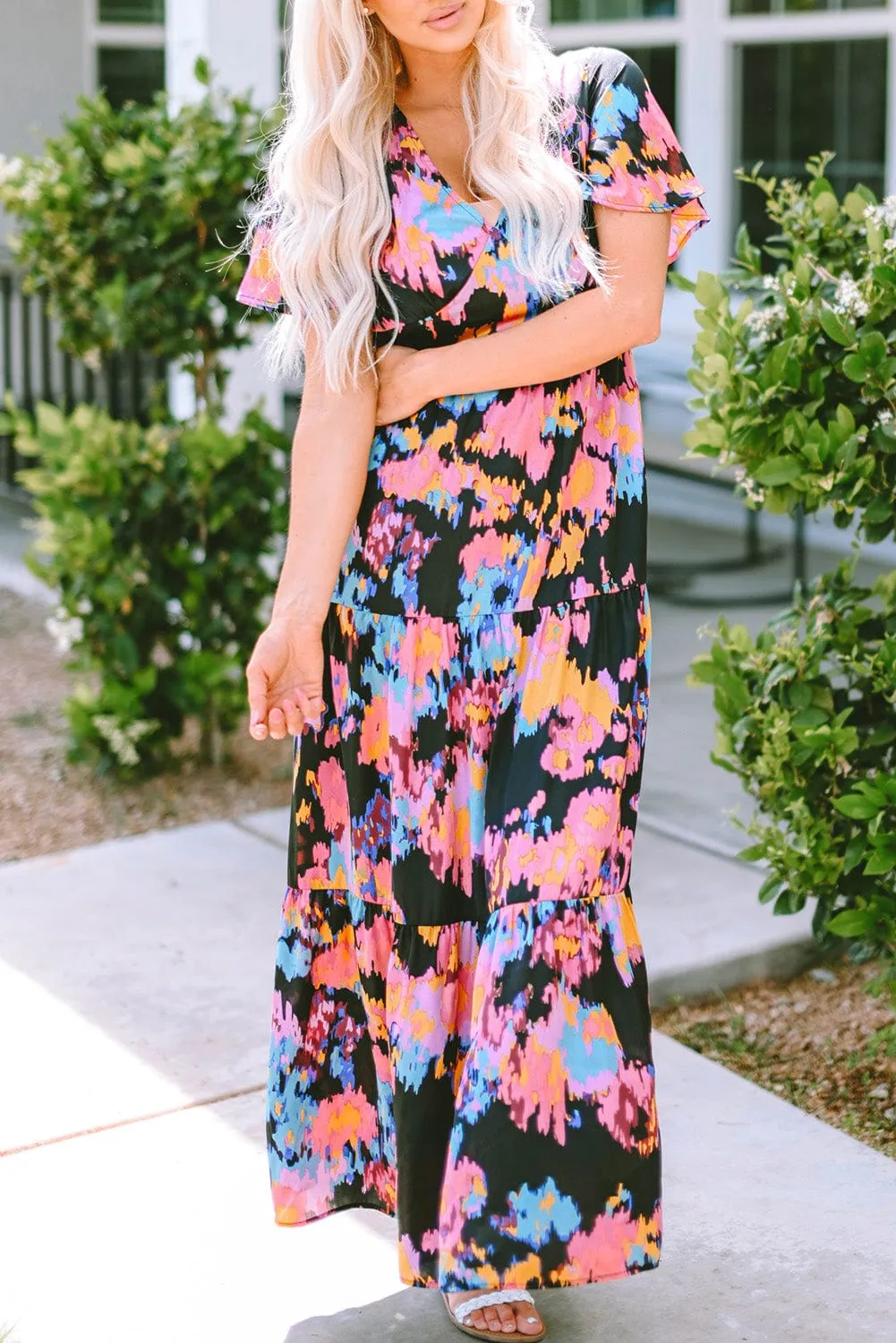 Summer Sweet, Black Abstract Floral Flutter Sleeve Tiered Maxi Dress