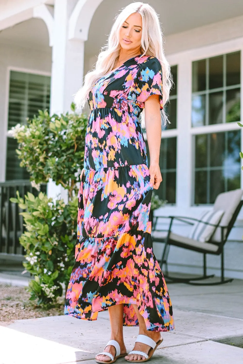 Summer Sweet, Black Abstract Floral Flutter Sleeve Tiered Maxi Dress