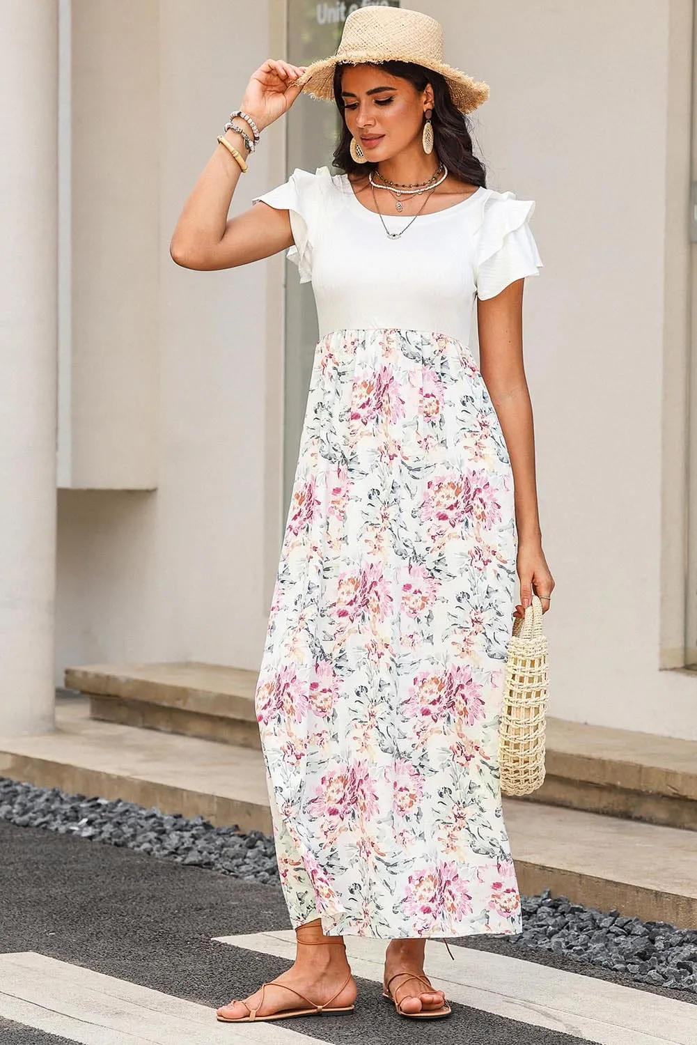 Sweet Summer, White Floral Patchwork Ribbed Maxi Dress with Pockets