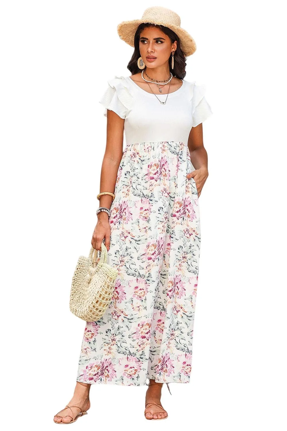 Sweet Summer, White Floral Patchwork Ribbed Maxi Dress with Pockets