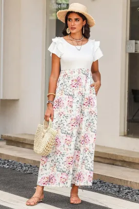 Sweet Summer, White Floral Patchwork Ribbed Maxi Dress with Pockets