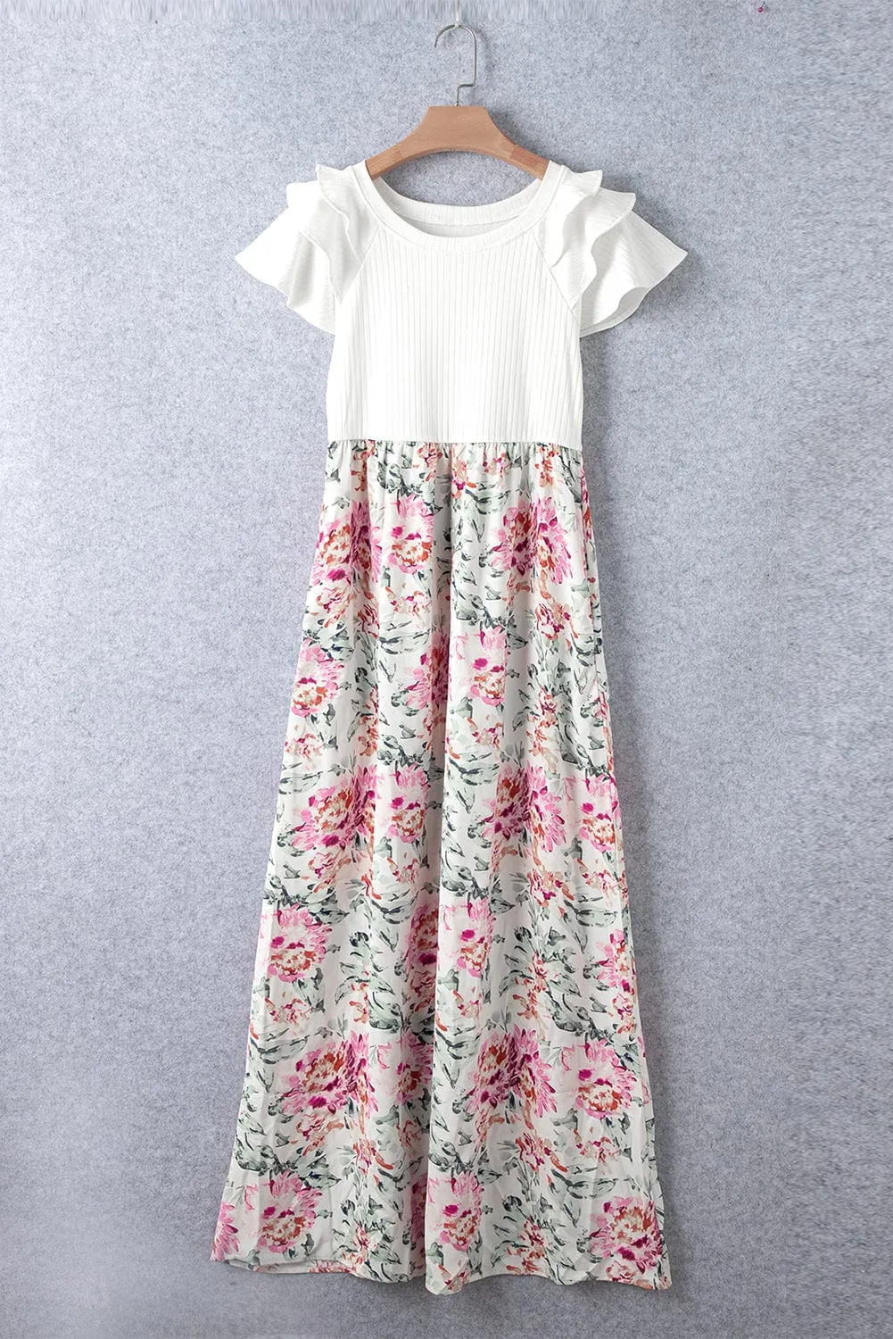 Sweet Summer, White Floral Patchwork Ribbed Maxi Dress with Pockets