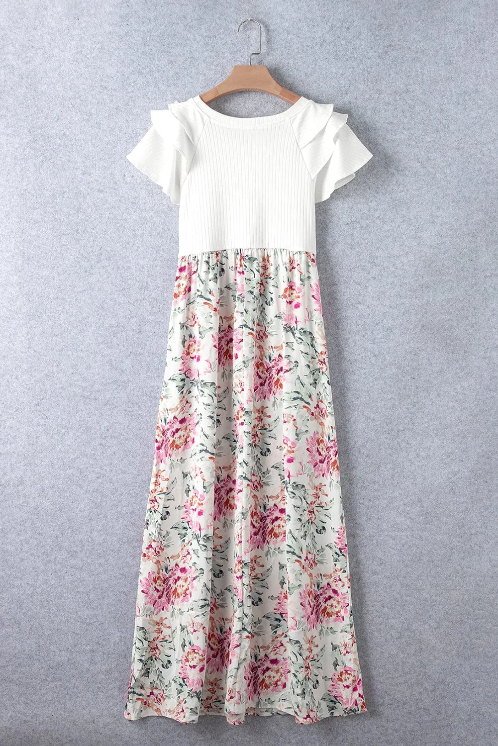 Sweet Summer, White Floral Patchwork Ribbed Maxi Dress with Pockets