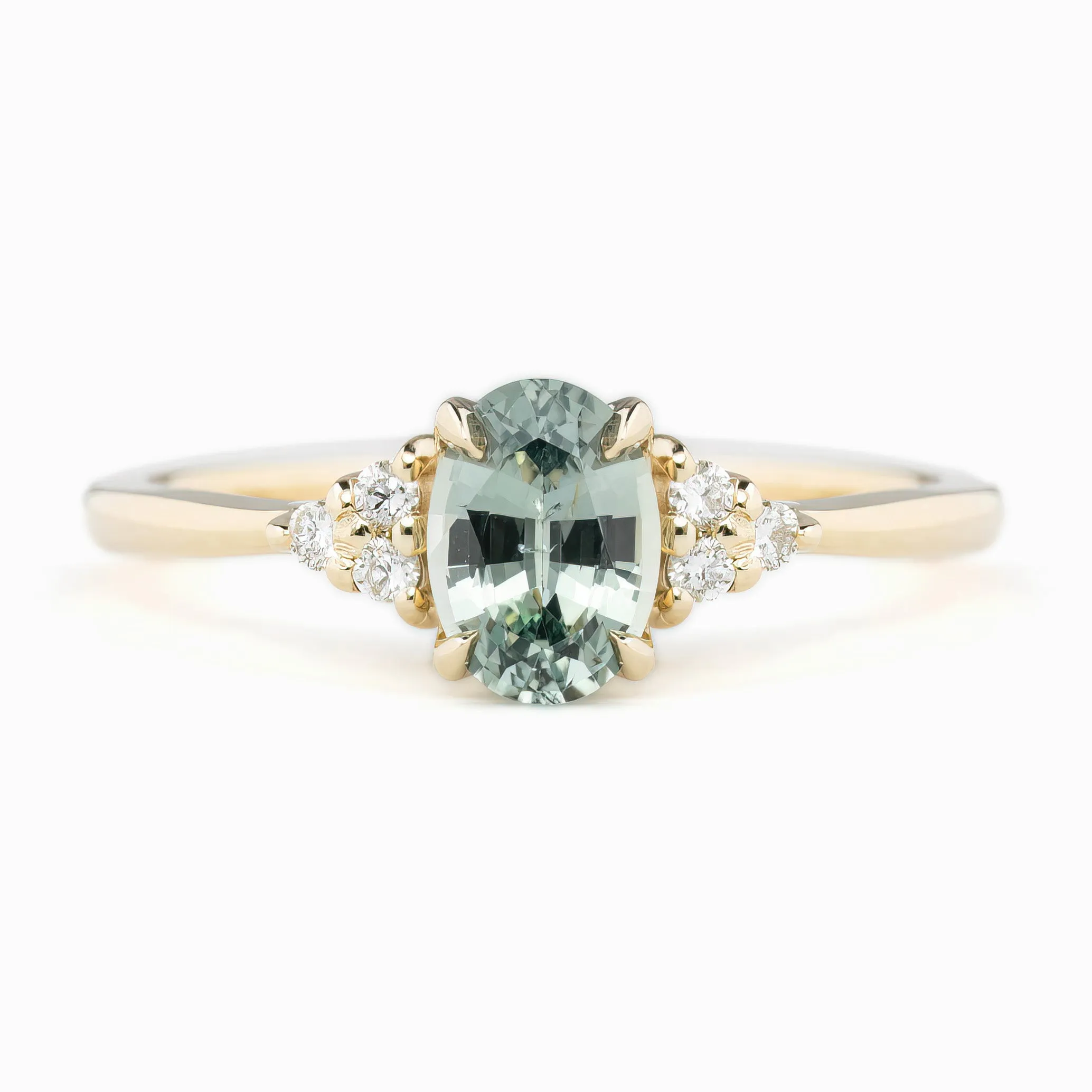 Teresa Ring 0.91ct Light Blue Green Madagascar Sapphire, 14K Yellow Gold (One of a kind)