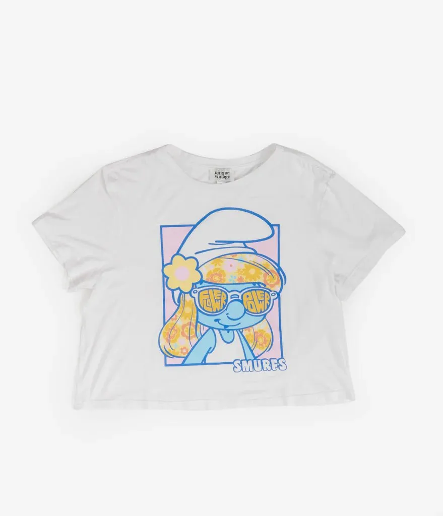 The Smurfs x Unique Vintage White Cropped Graphic Tee