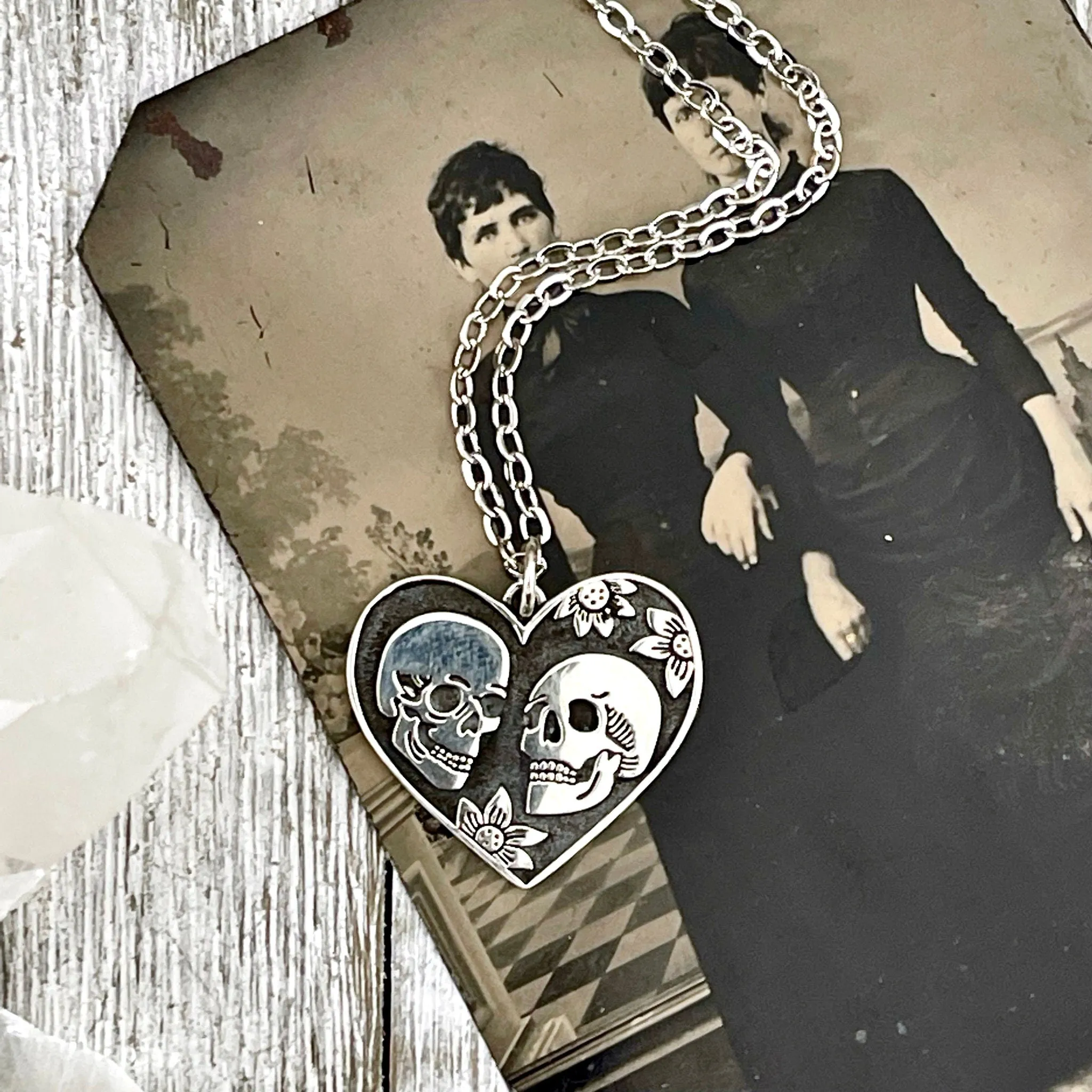 Tiny Talisman Collection - Sterling Silver The Lovers Skull & Heart Necklace Charm 24x22mm /