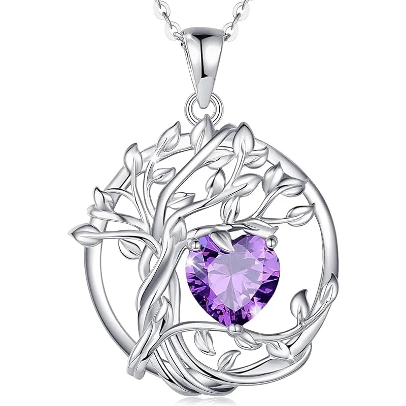 Tree of Life Birthstone Necklace for Women Sterling Silver Heart Jewelry Pendant Gemstone Birthday Gifts for Her