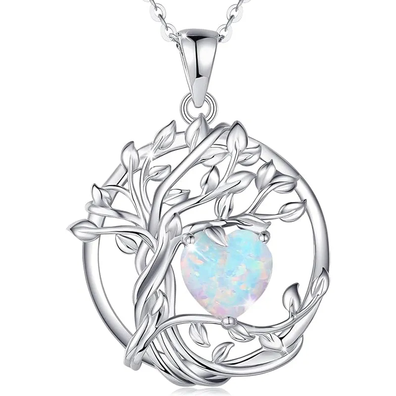 Tree of Life Birthstone Necklace for Women Sterling Silver Heart Jewelry Pendant Gemstone Birthday Gifts for Her