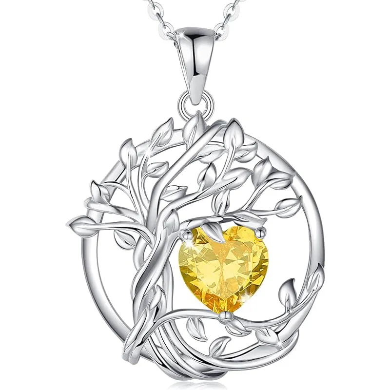 Tree of Life Birthstone Necklace for Women Sterling Silver Heart Jewelry Pendant Gemstone Birthday Gifts for Her