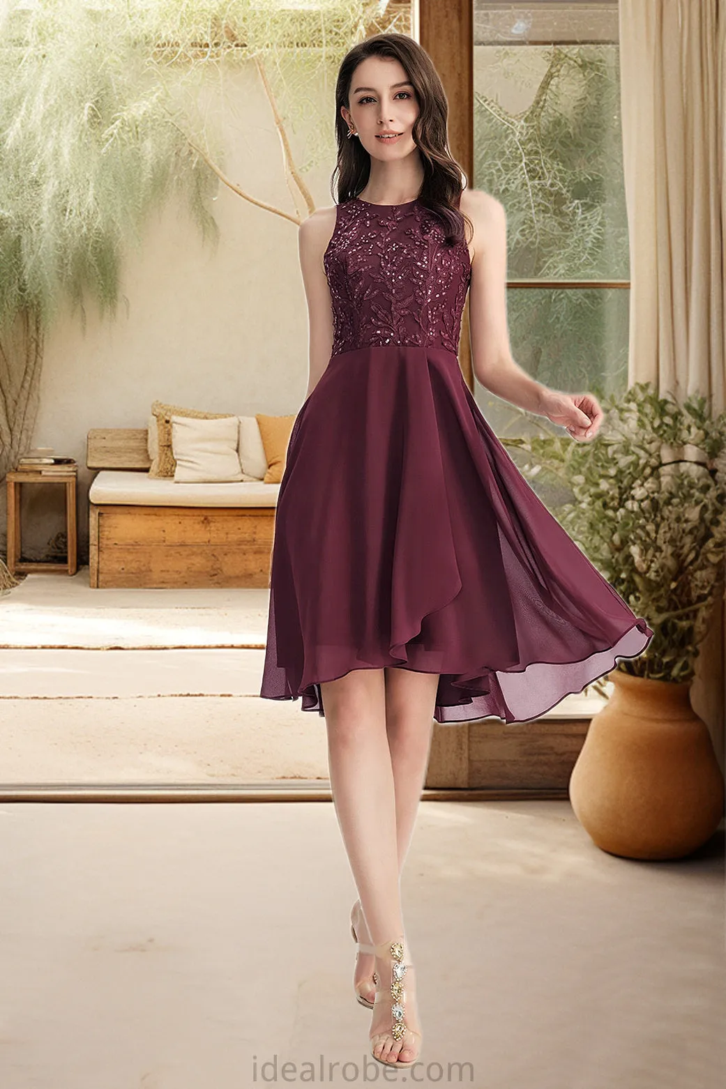 Ursula A-line Scoop Asymmetrical Chiffon Lace Homecoming Dress With Sequins STKP0020516