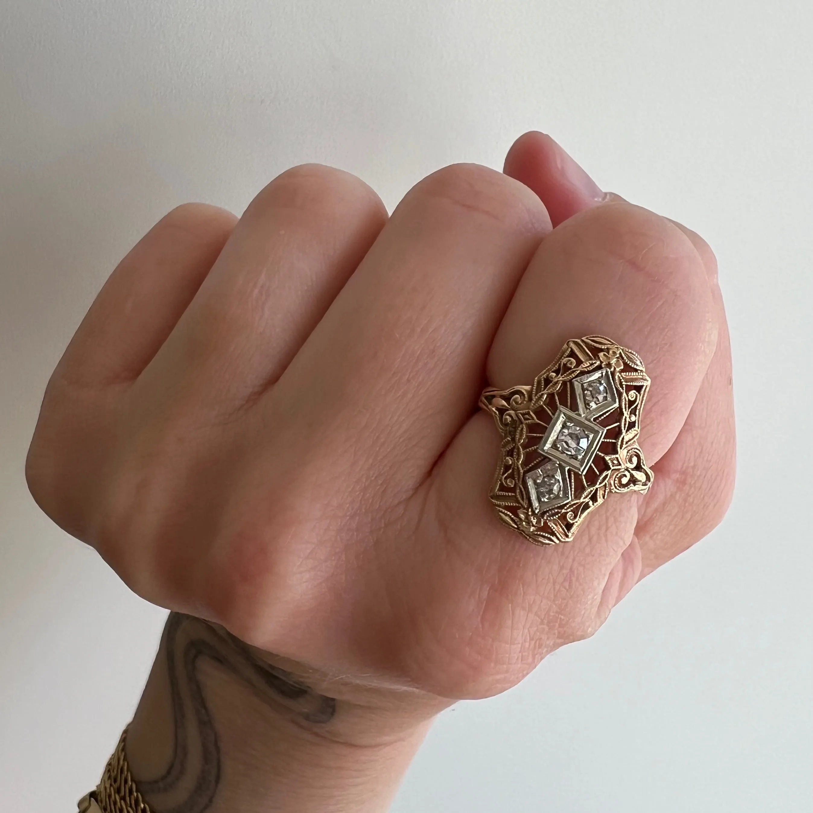 V I N T A G E // sparkle armor / 14k and diamond filigree shield ring / size 5.5