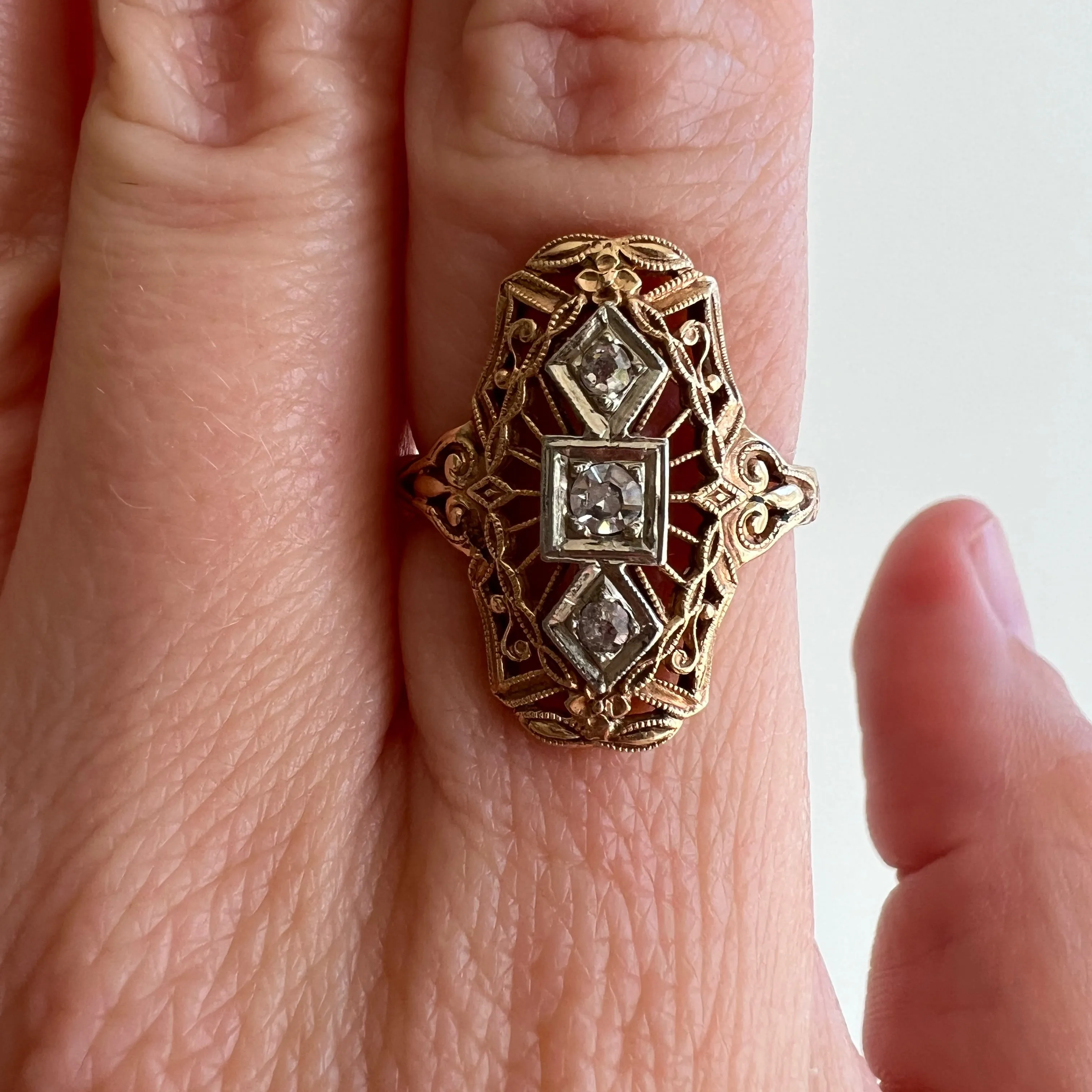 V I N T A G E // sparkle armor / 14k and diamond filigree shield ring / size 5.5