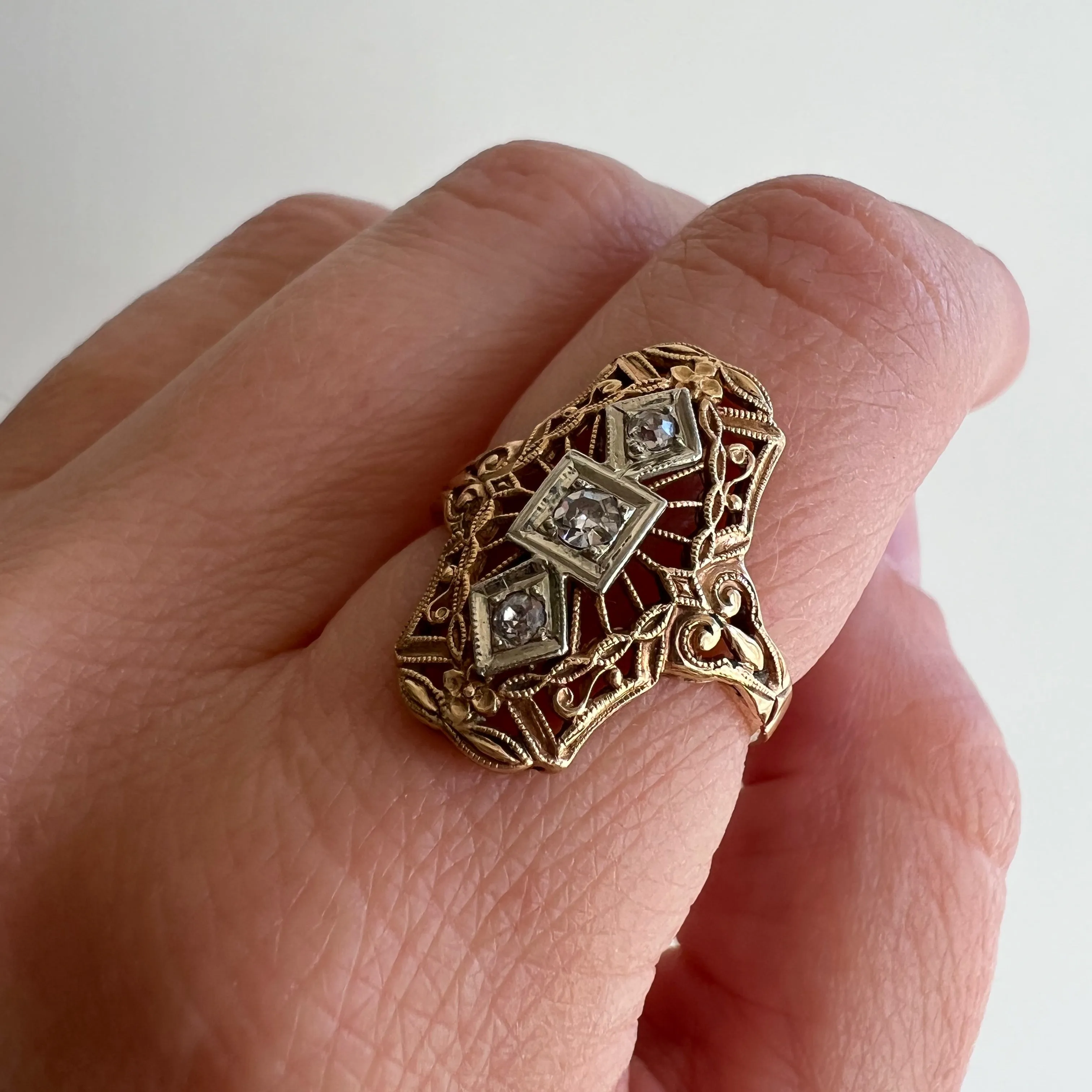 V I N T A G E // sparkle armor / 14k and diamond filigree shield ring / size 5.5