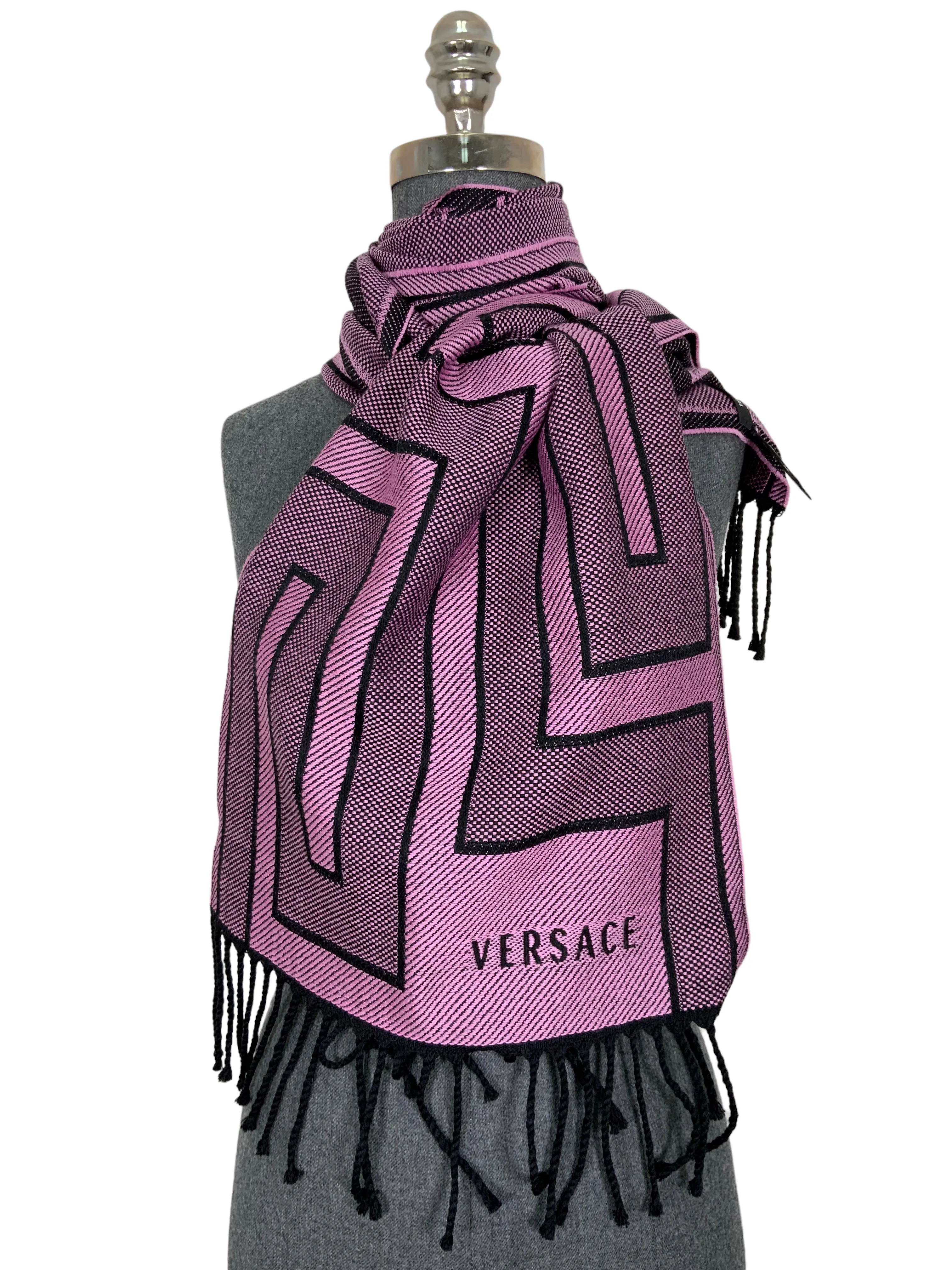 VERSACE Wool La Greca Print Fringe Oblong Scarf