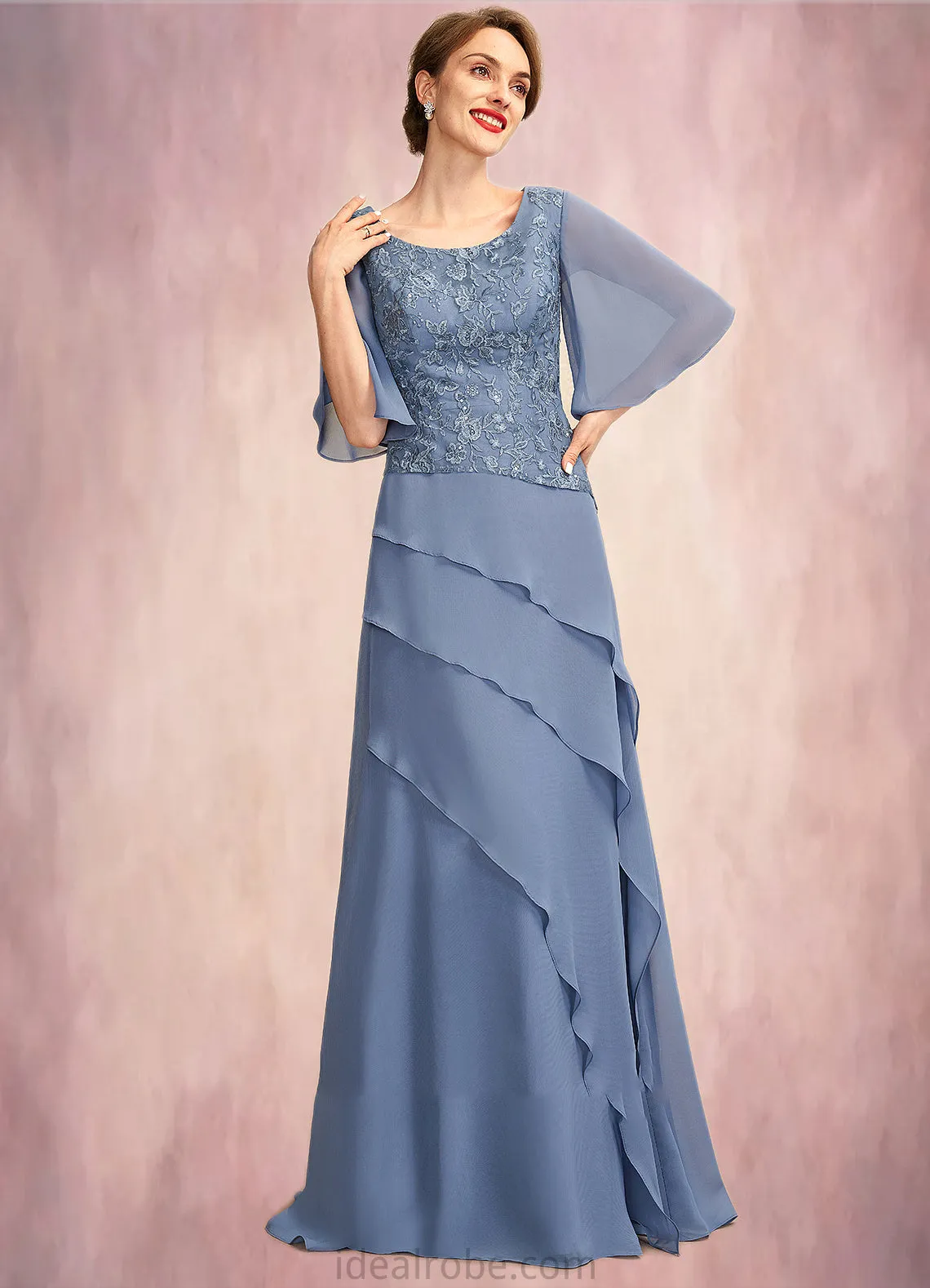 Virginia A-Line Scoop Neck Floor-Length Chiffon Lace Mother of the Bride Dress With Sequins Cascading Ruffles STK126P0014997