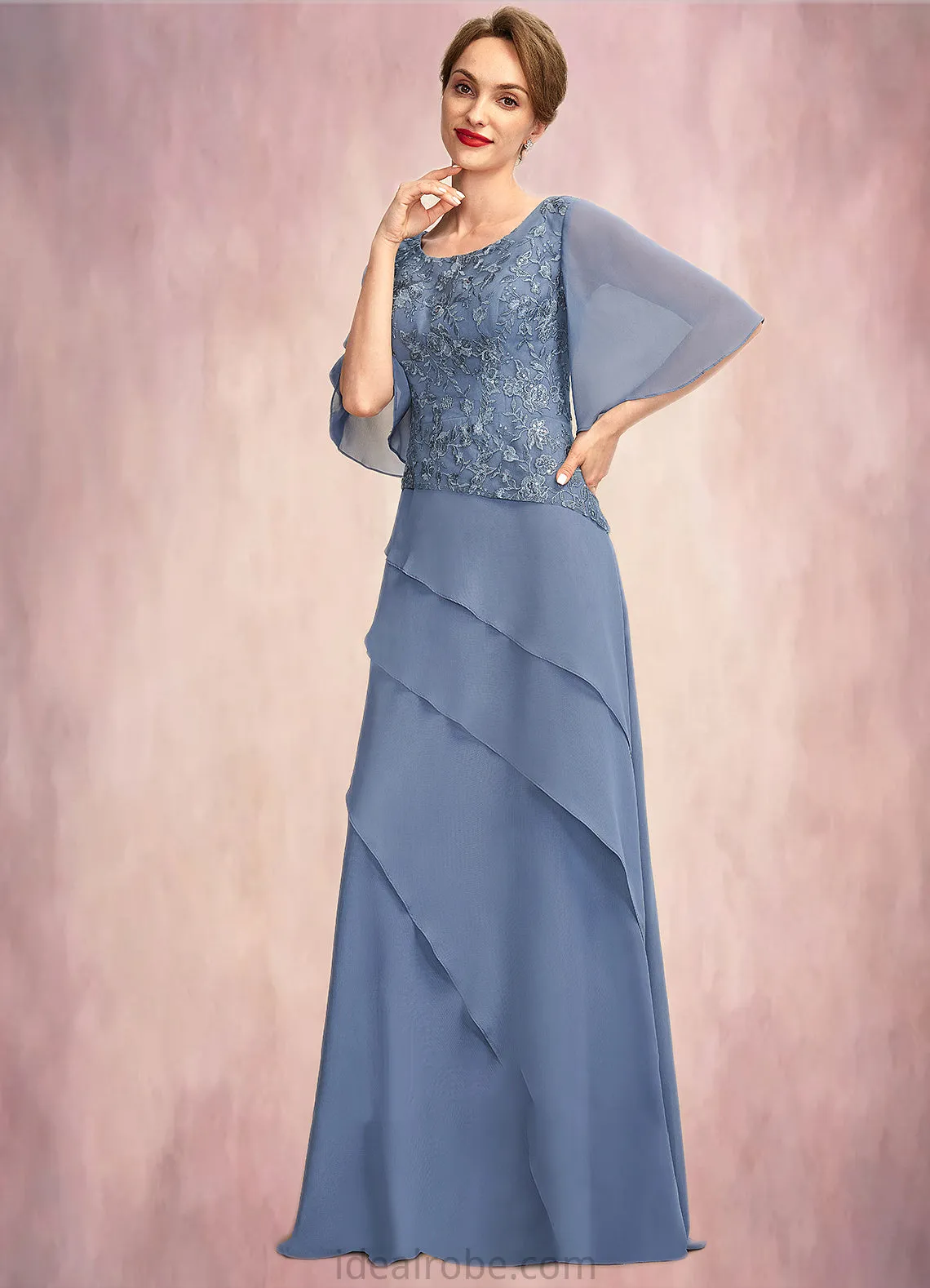 Virginia A-Line Scoop Neck Floor-Length Chiffon Lace Mother of the Bride Dress With Sequins Cascading Ruffles STK126P0014997