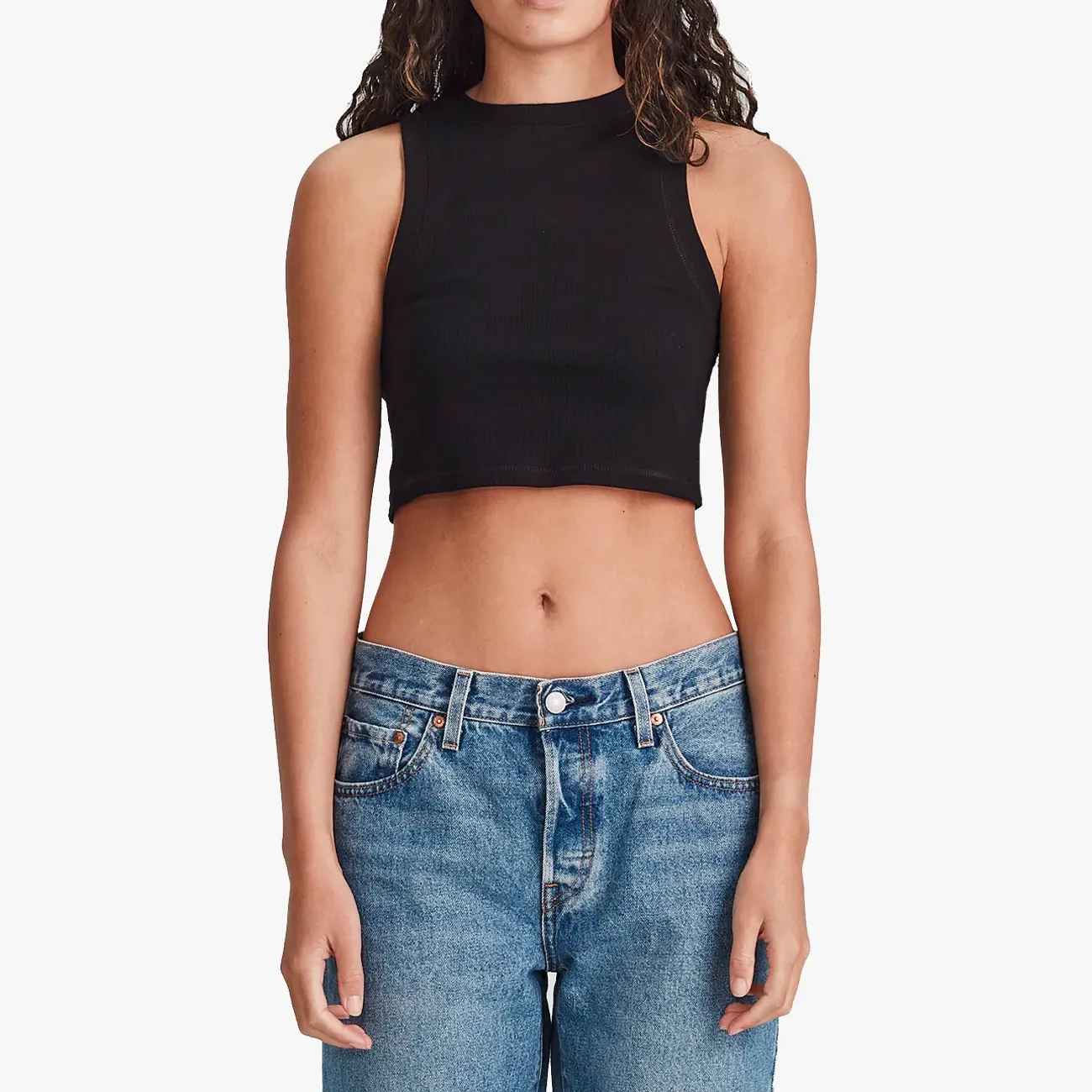 W FINE RIB CROP TANK BLACK