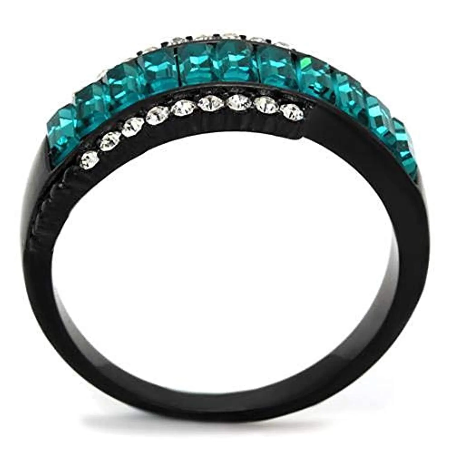 WildKlass Stainless Steel Ring IP Black Women Top Grade Crystal Blue Zircon