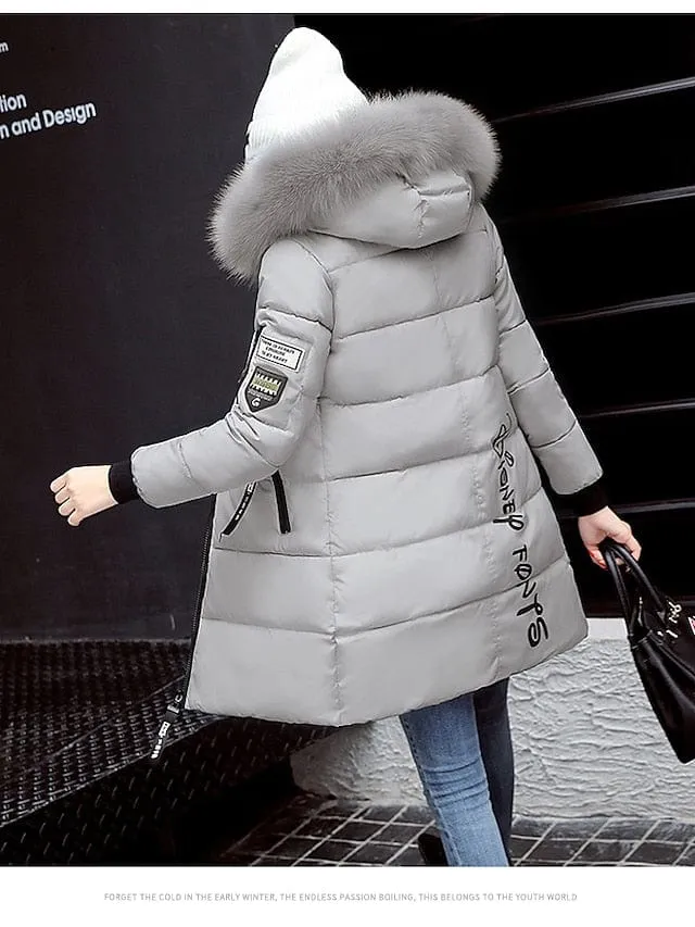 Women's Long Puffer Jacket with Fur Collar and Slim Fit