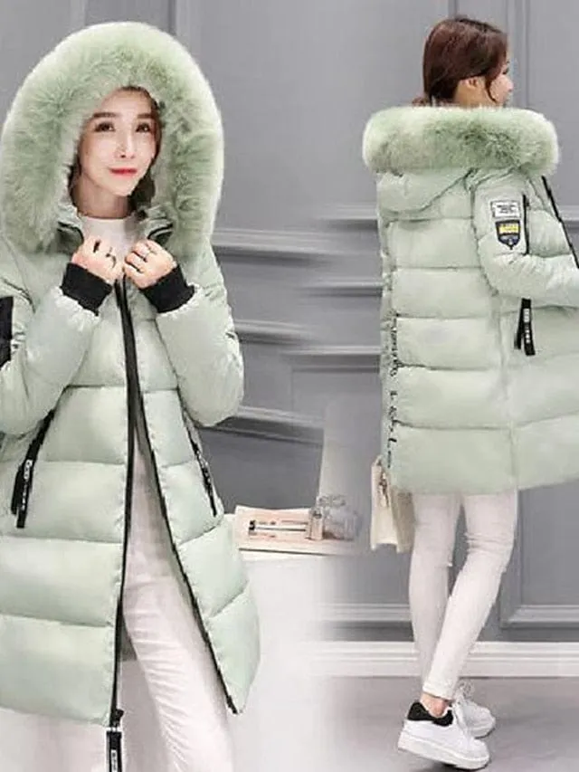 Women's Long Puffer Jacket with Fur Collar and Slim Fit