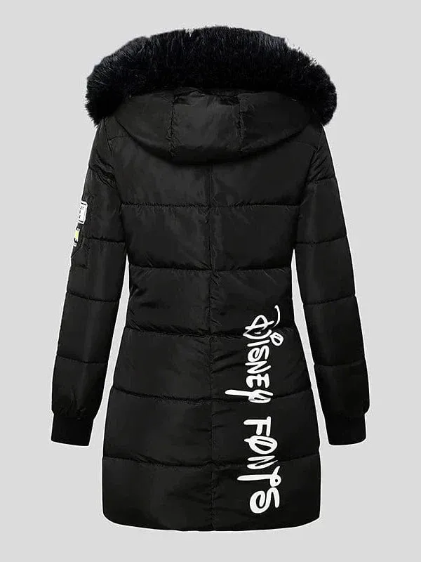 Women's Long Puffer Jacket with Fur Collar and Slim Fit